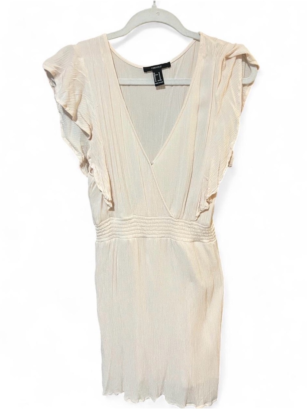Forever 21 Cream V-Neck Flutter Sleeve Dress